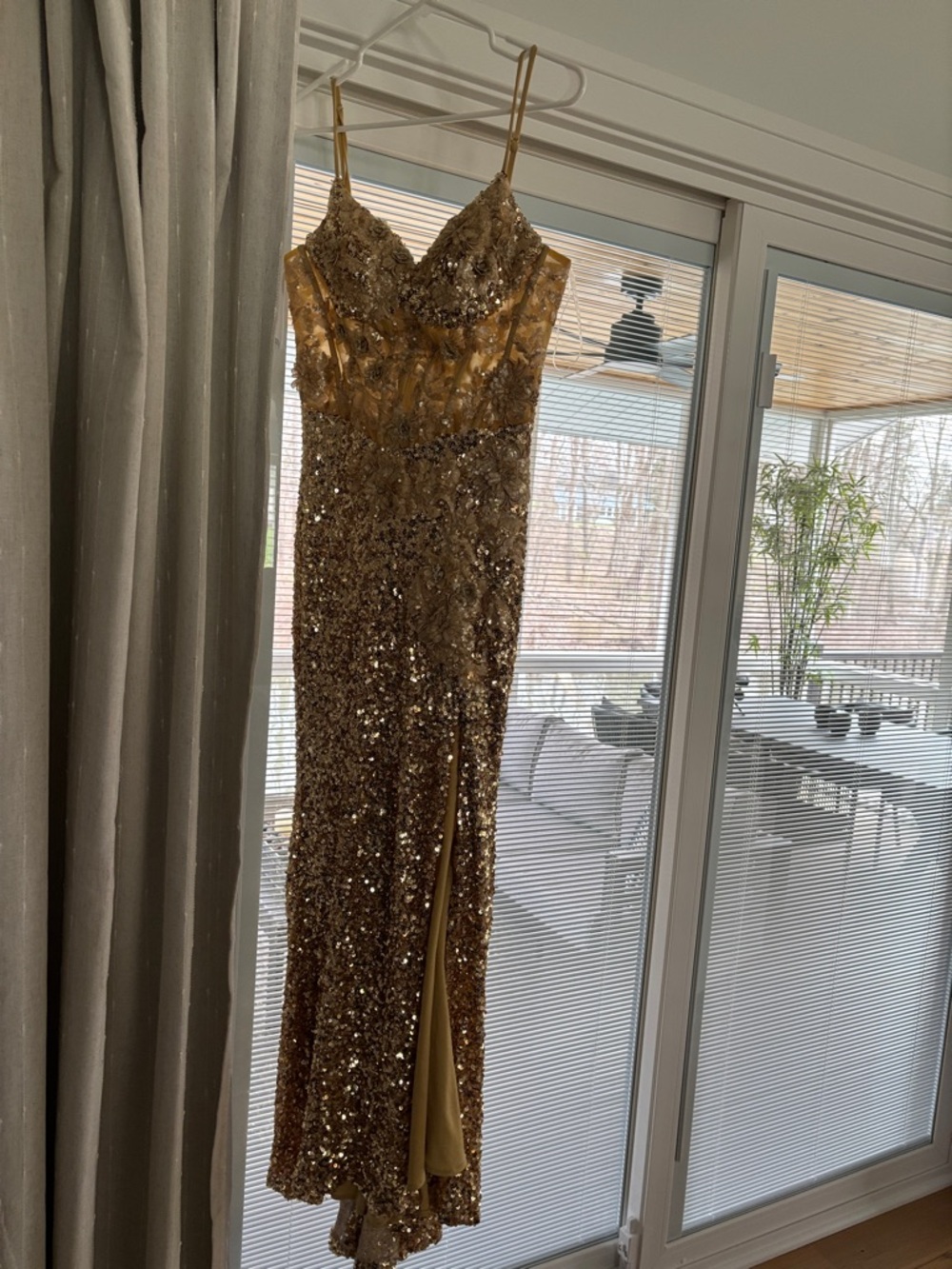 Gold Sequin Spaghetti-Strap Prom Dress